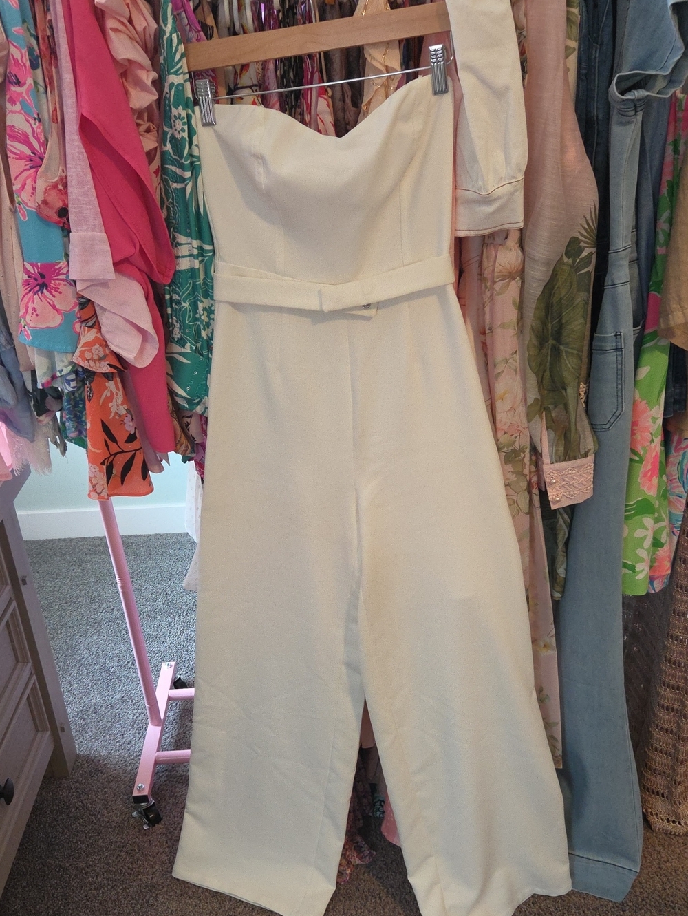 Lulu's Cream Strapless Wide-Leg Jumpsuit with Waist Belt